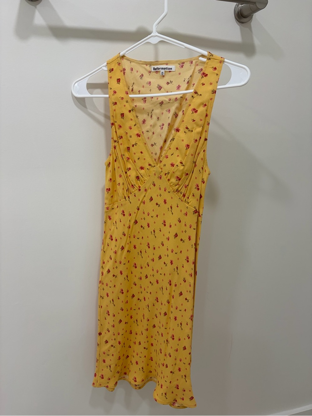 Reformation Yellow Midi Dress with Red Floral Print